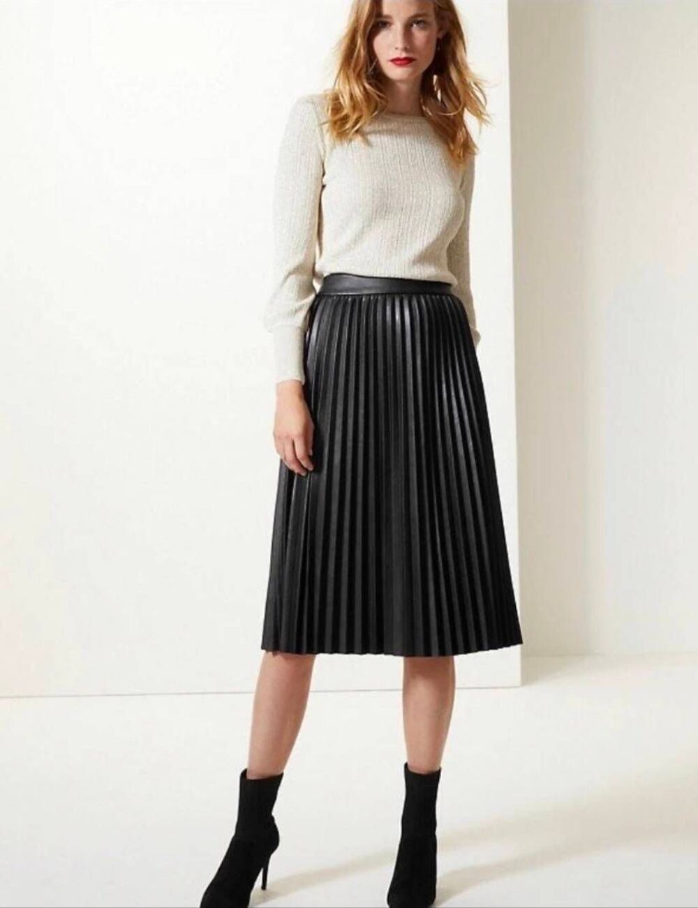 Monteau Los Angeles Black Pleated Faux Leather Midi Skirt Size Small